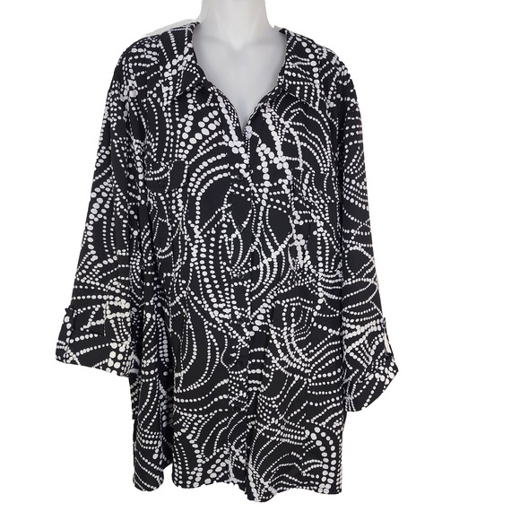 Maggie Barnes Top Womens Size 4X 30/32 Button 3/4 Sleeve Black White Polka Dots - Picture 1 of 10